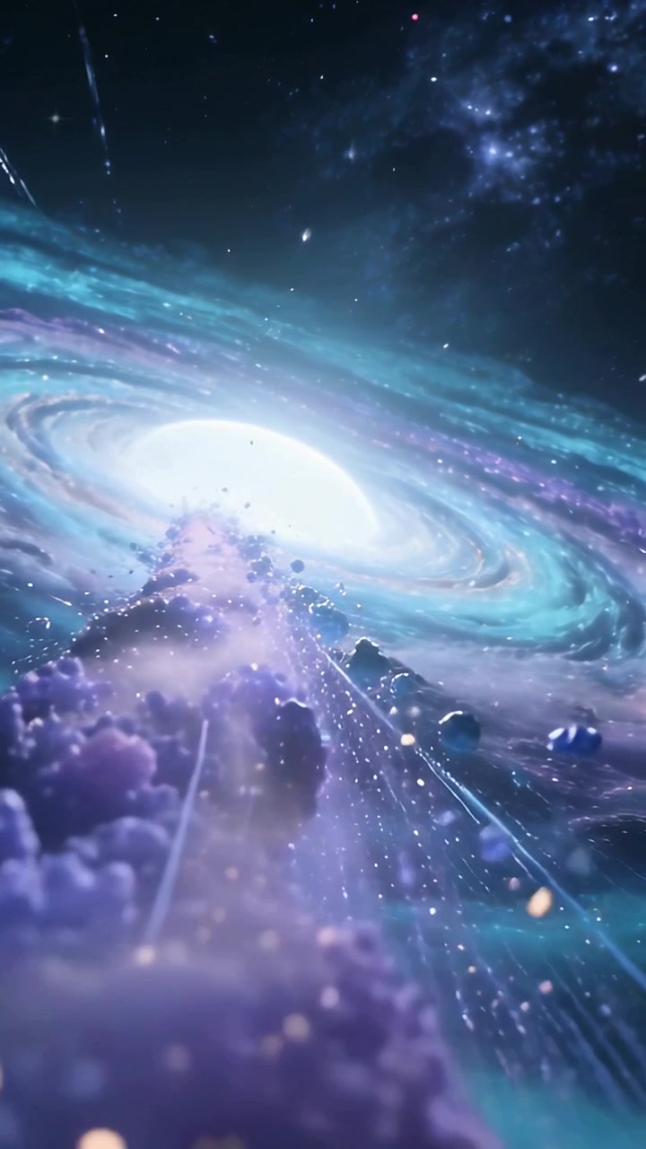 Vertical video: Launching camera view moving along purple filament toward galactic core, asteroids