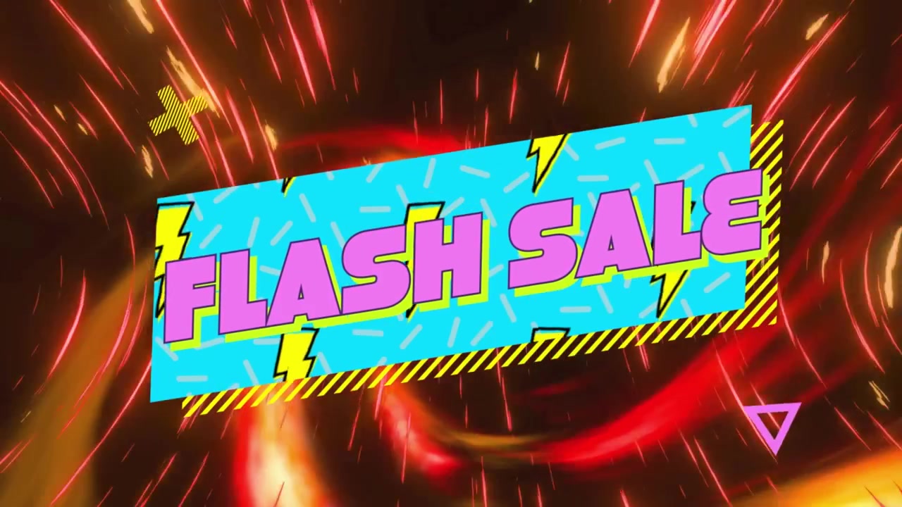 Animation eines Flash-Sale-Textes über beleuchteter Langzeitbelichtung von Lichtspuren.