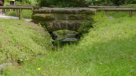 Aguas-Frescas-De-Montaña-Que-Fluyen-A-Través-De-Un-Túnel-Debajo-De-Un-Puente-De-Piedra-Ubicado-En-El-Bosque-De-Monos-De-Trentham,-Un-Santuario-De-Vida-Silvestre-En-Europa