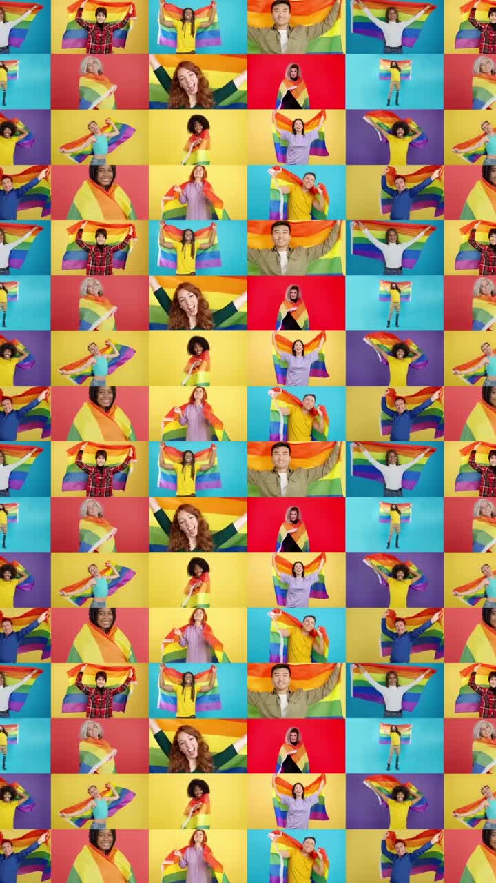 Diverse group of people celebrating LGBTQ Pride with rainbow flags