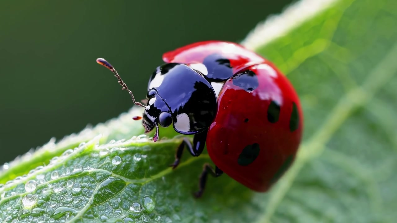 Close-up of a Red Ladybug on a Dewy Green Leaf