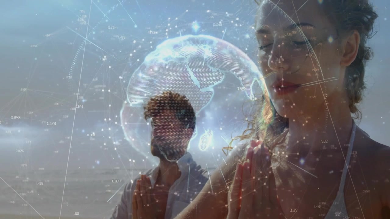 Casal meditando na praia, globo aparecendo entre as mãos, dados pulsando, enquadrando e se aproximando para a saúde.