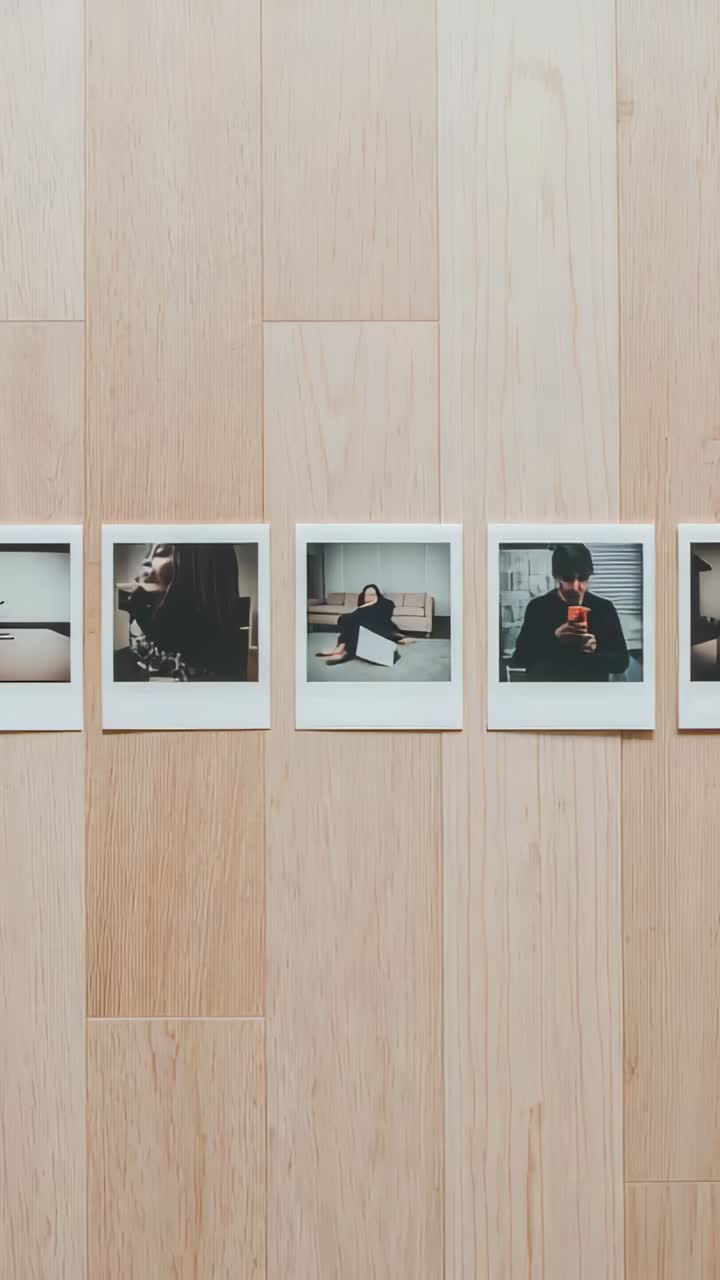 Vertical video: Sliding camera revealing more Polaroid prints on pale wood, with laptop, smartphone