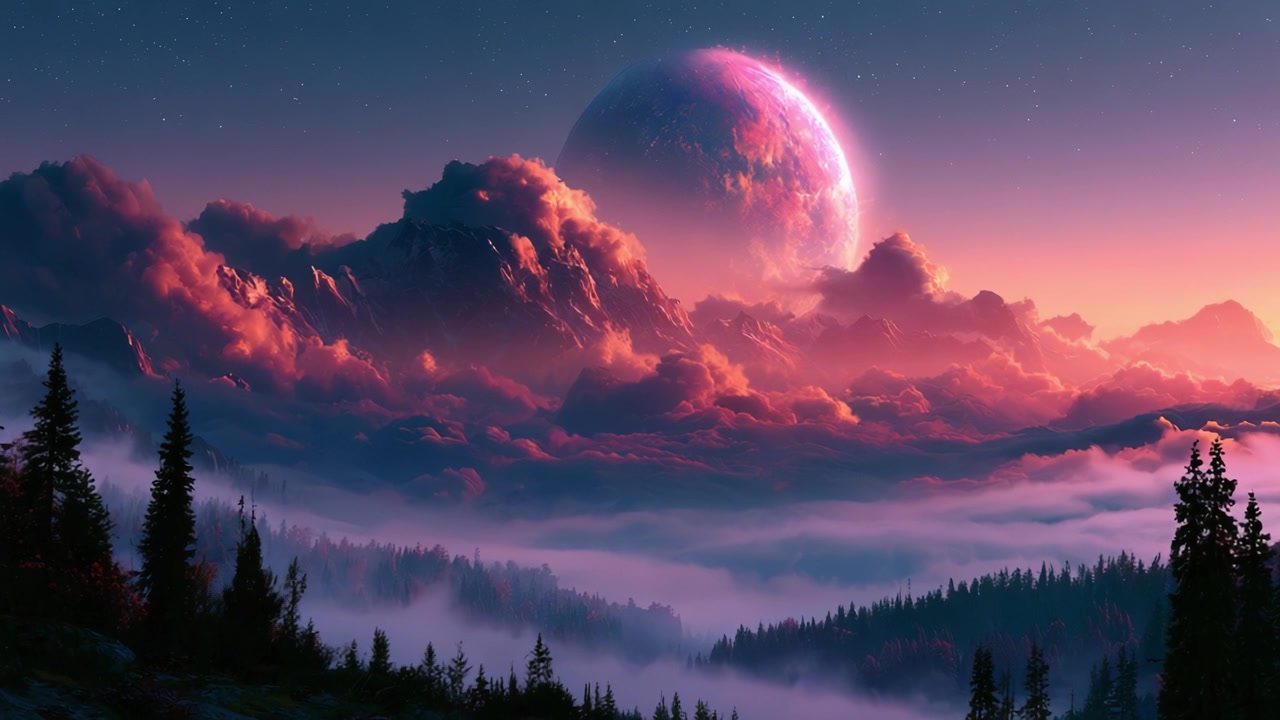Paisagem Cósmica Encantadora: Uma Vista Espetacular de Montanhas Cercadas por Nuvens Etéreas com um Planeta Radiante Iluminando o Céu Crepuscular.