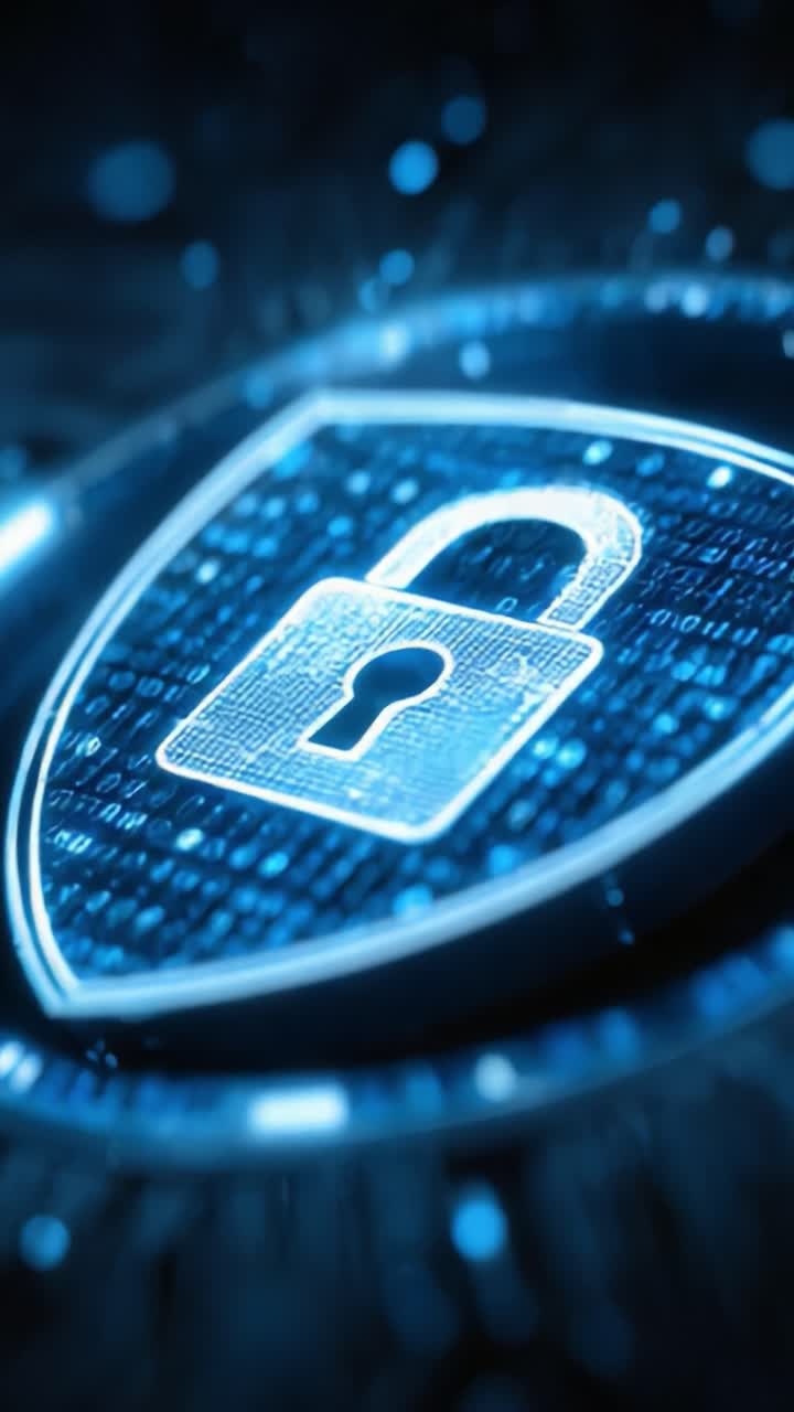 A Visual Representation of Digital Security and Data Protection, Featuring an Iconic Lock Symbol on a Shield with Glowing Blue Accents Against a Futuristic Background