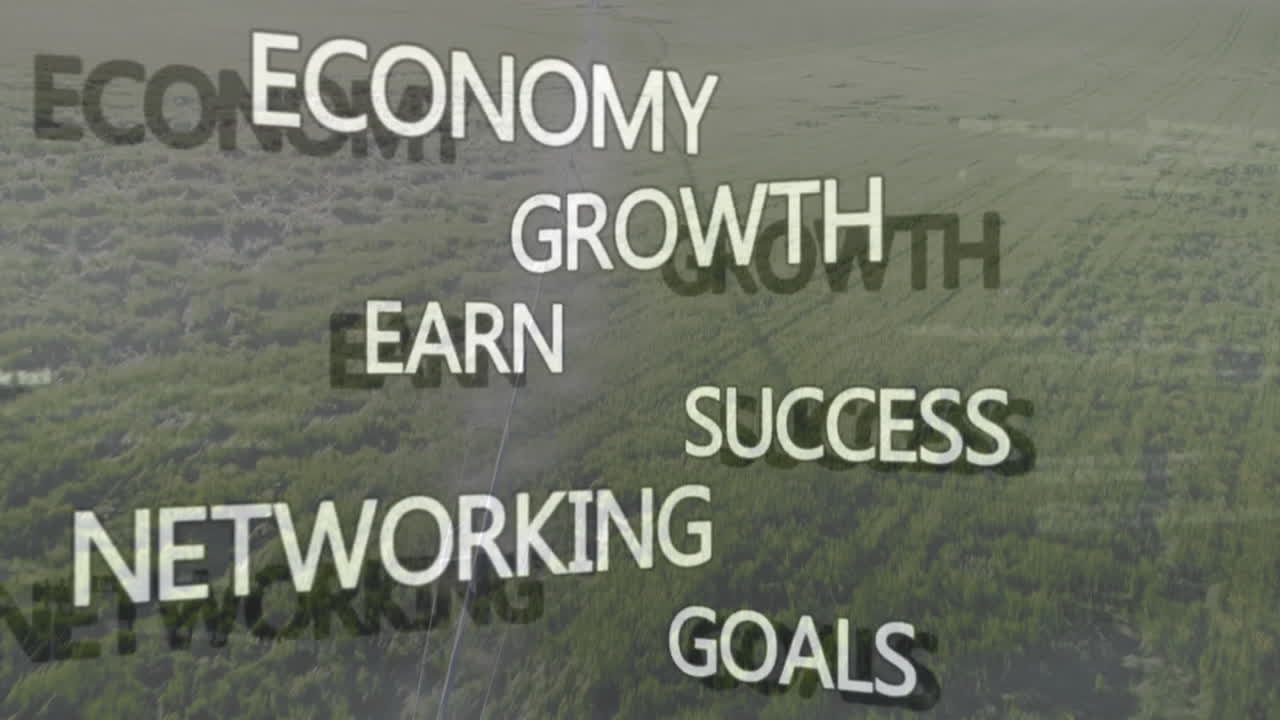 Animation of words like economy and growth overlaying lush green landscape