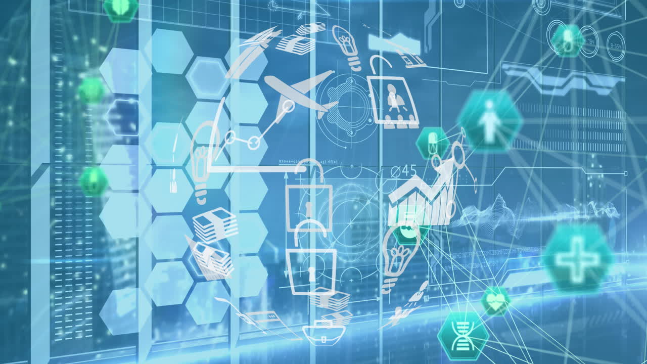 의료 아이콘 데이터 및 정보와 함께 회전하는 기술 아이콘으로 지구의 애니메이션