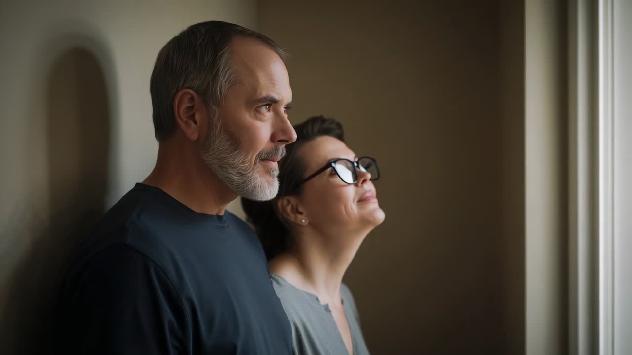 Lifting chins while sunlight brightening, couple gazing out window, woman wearing eyeglasses