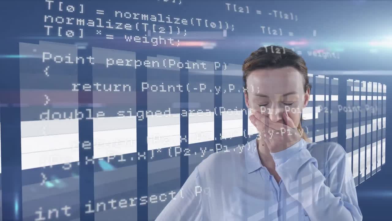 떠다니는 데이터를 보는 우려하는 백인 여성의 애니메이션