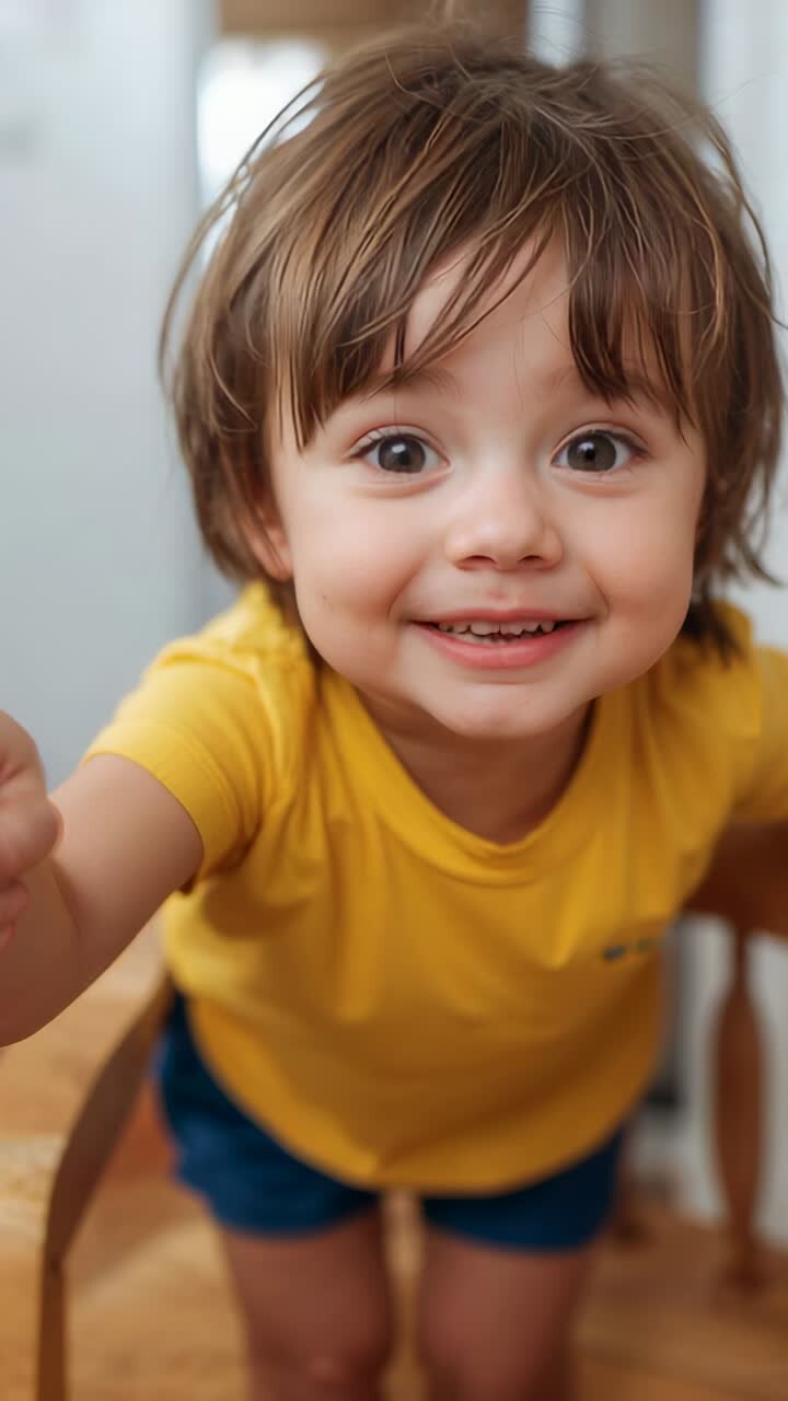 Vertical video: Seeing lens, kid reaching and leaning in dining to touch wooden chair in yellow tee