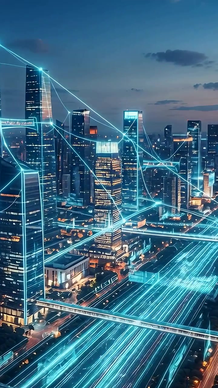 Video verticale: Crepuscolo che scende, skyline della città che si illumina con scie ciano che scorrono lungo le strade che collegano le torri.