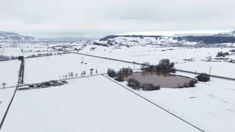 Toma-Aérea-De-Establecimiento-De-La-Aldea-De-Reichenburg-En-Un-Paisaje-Nevado-De-Invierno-Y-Un-Lago-En-Suiza---Vista-Panorámica