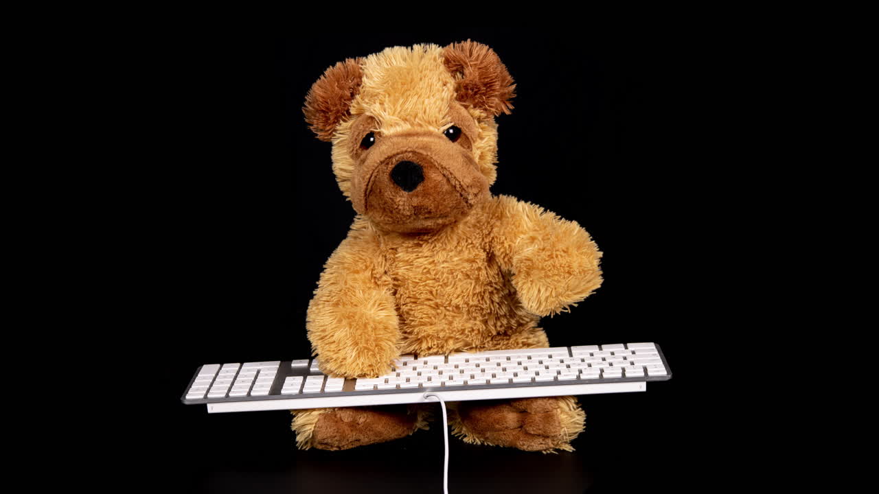 테디 베어 가 키보드 에 타이핑 하고 있다