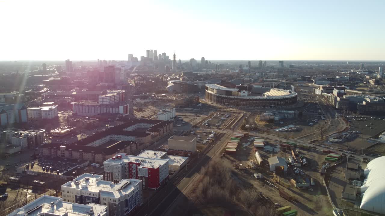 Drone over Prospect Park industrial neighborhood looking towards Minneapolis, MN at Golden Hour