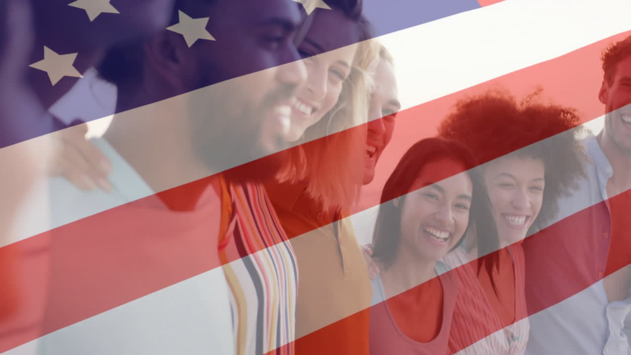 Smiling diverse group with American flag overlay, celebrating together outdoors