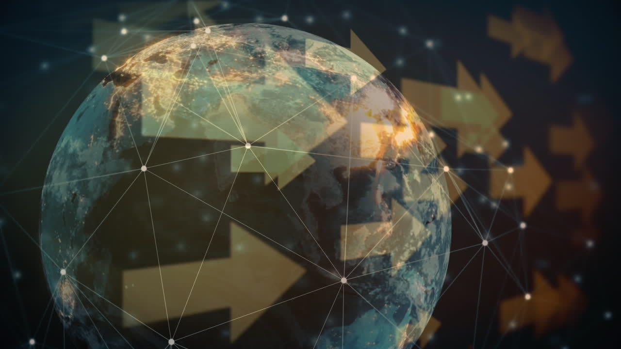 블랙 스페이스에서 회전하는 화살표, 숫자 및 지구의 애니메이션