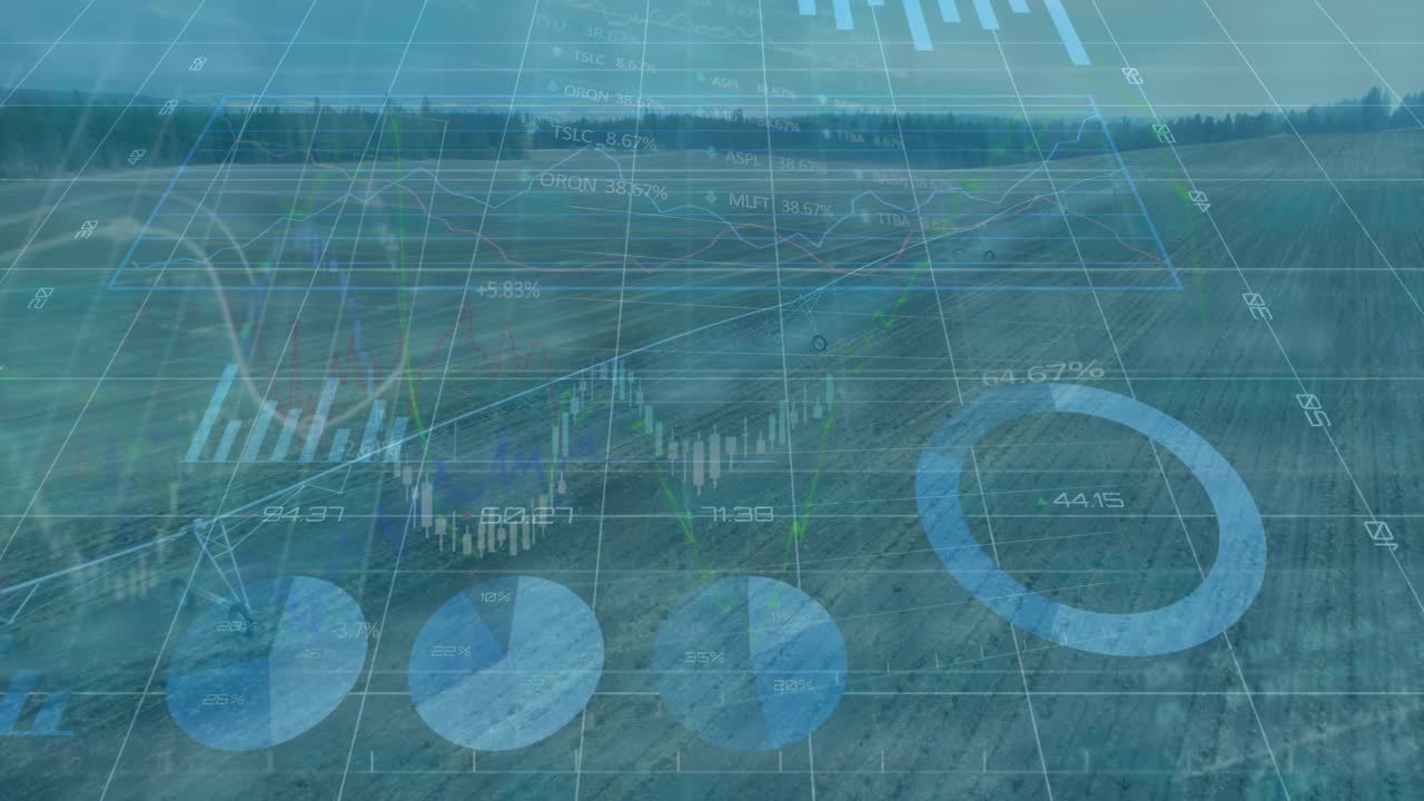 Translucent 3D data visualization floating over plowed field, showing gridlines bar and line graphs