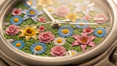 Exquisite Floral Design on a Decorative Watch Face Featuring Vibrant Colors, Detailed Petals, and Lush Greenery, Showcasing Timeless Craftsmanship in Watchmaking