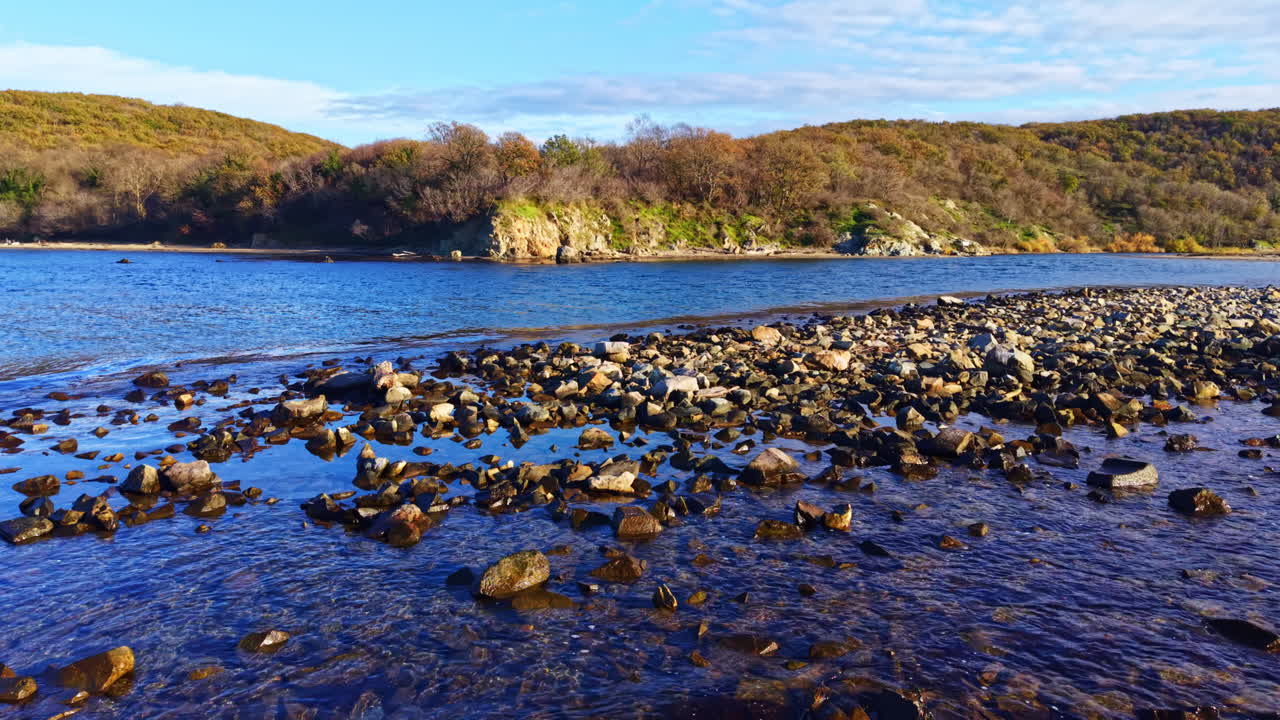 Breathtaking coastal view showcasing calm waters, rocky shoreline, and lush greenery during a serene afternoon beside nature in a beautiful landscape