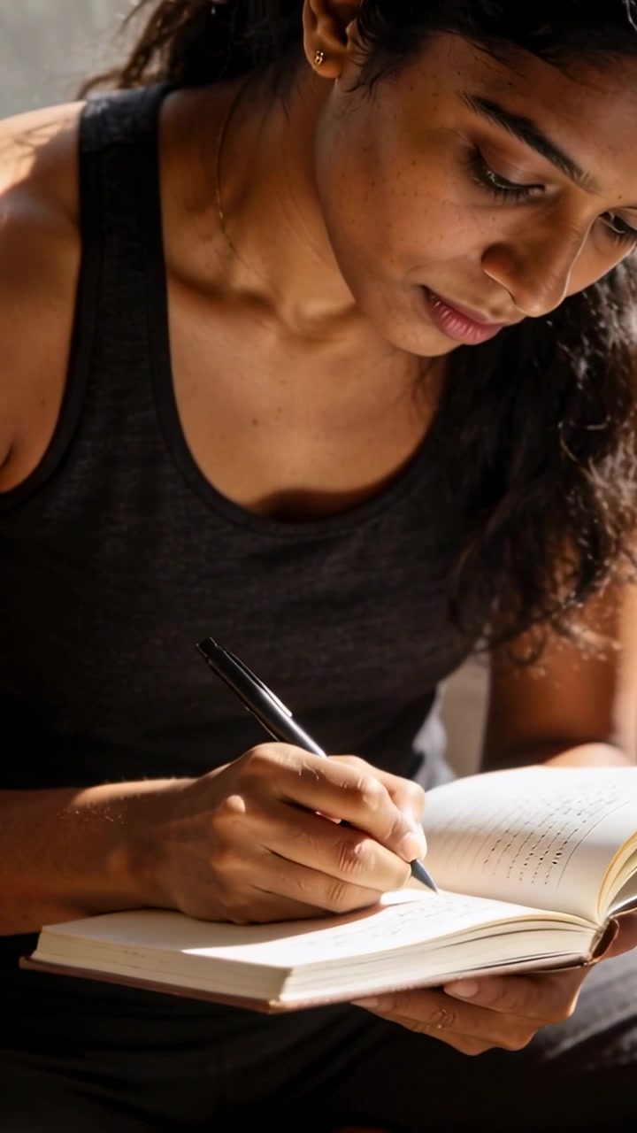 Vertical video: Holding black pen, woman journaling in notebook at sunlit window, in dark tank top