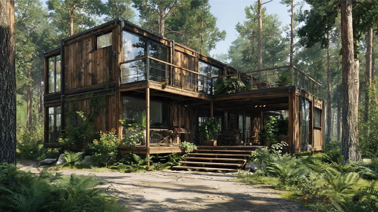 Moderna baita in legno circondata da una foresta lussureggiante, con ampie finestre, materiali naturali e paesaggistica integrata per un'esperienza di vita armoniosa.