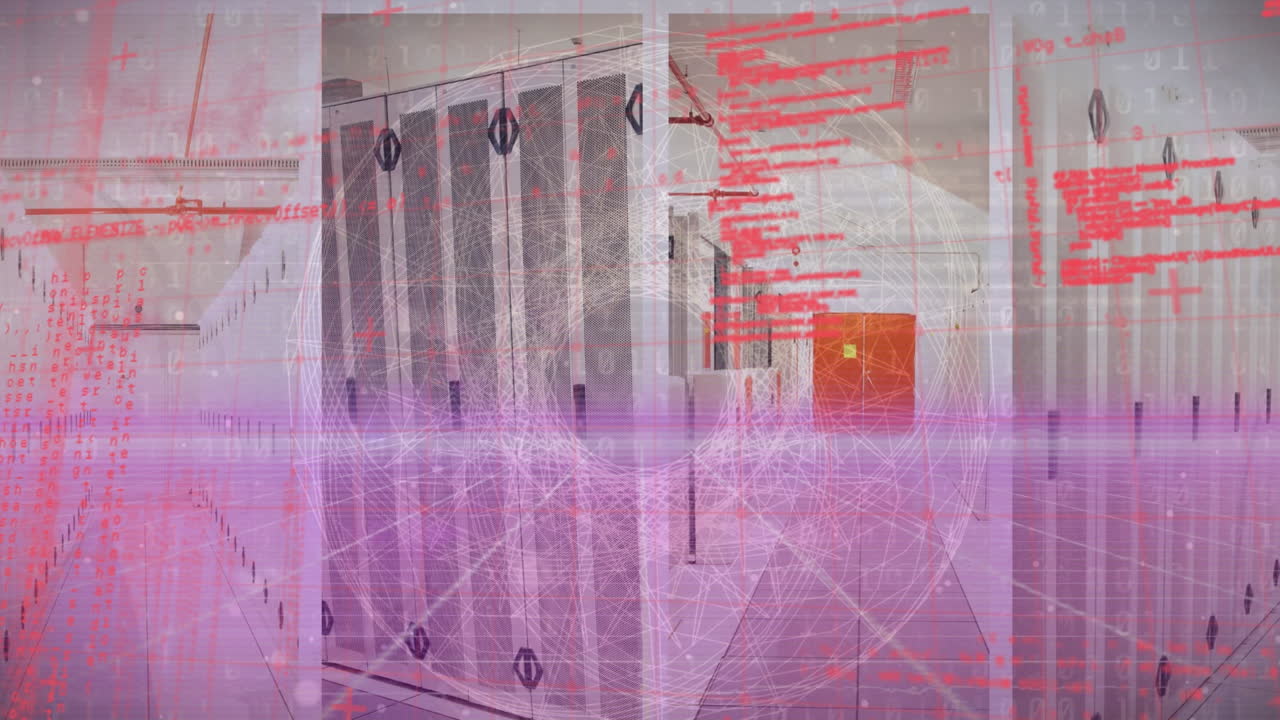 Animation of data processing over globe of network of connections against computer server room
