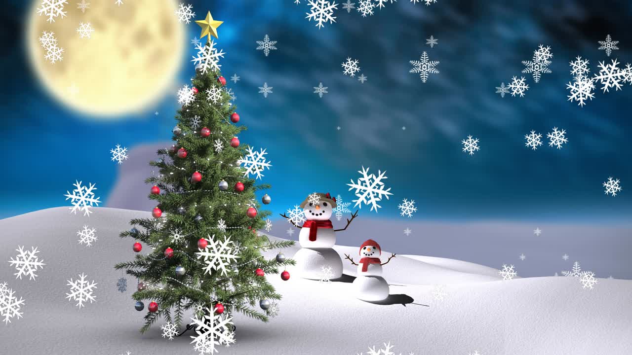 animación de copos de nieve cayendo sobre el árbol de navidad en el paisaje de invierno
