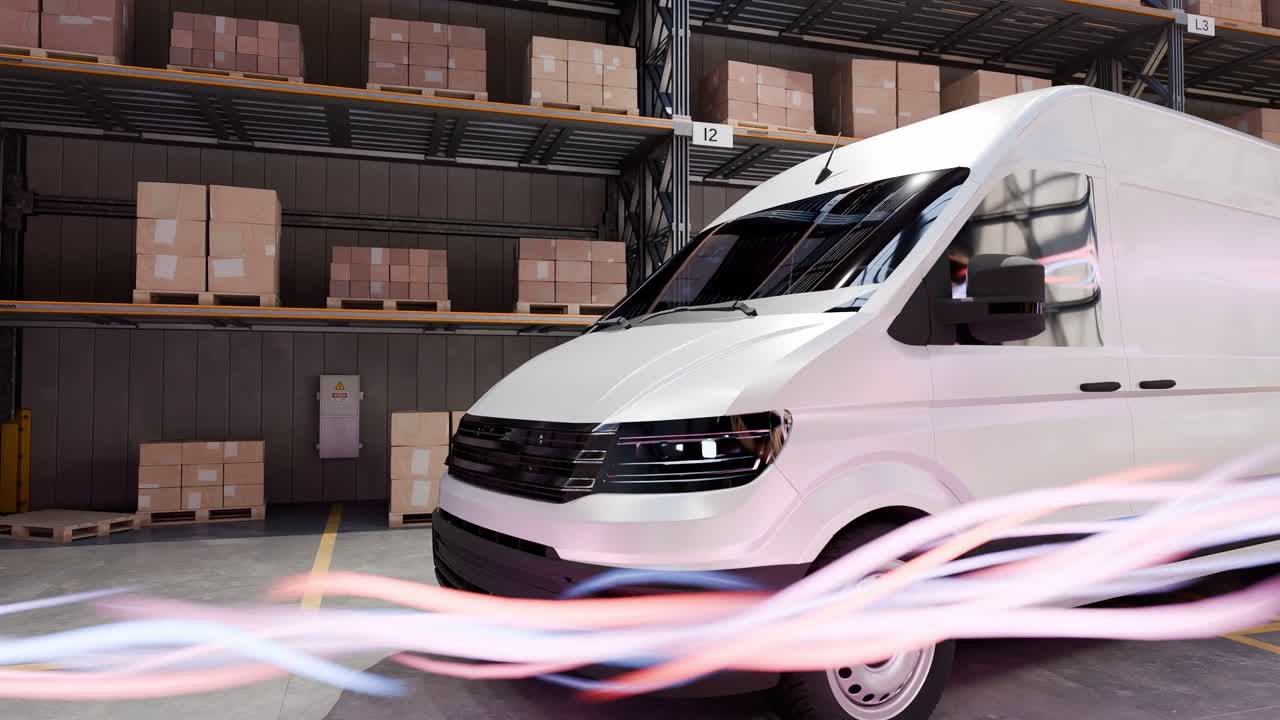 White delivery van inside an industrial warehouse with shelves of stacked cardboard boxes on pallets, with motion blur effect indicating speed. Logistics, transportation, and shipping concept