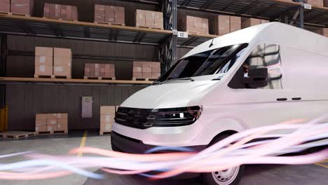 white delivery van inside an industrial warehouse with shelves of stacked cardboard boxes on pallets, with motion blur effect indicating speed. logistics, transportation, and shipping concept