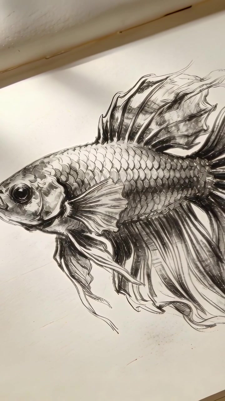 Video verticale: Panoramica della telecamera su pesce monocromatico su un album da disegno per mostrare i tratti delle pinne e le sbavature.
