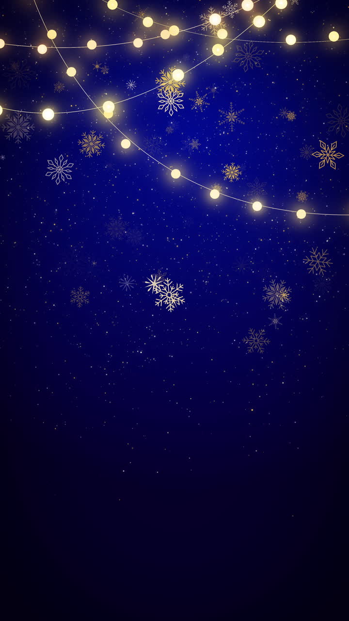 Christmas, Snowy background with light garlands, falling snow, snowflakes for winter and new year holidays. Loop animation. Vertical video.