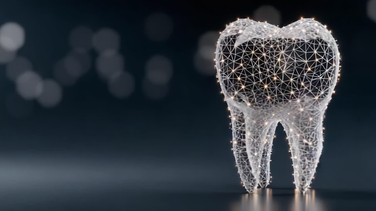 A Stunning Representation of a Tooth Crafted from Delicate Wireframe Design Illuminated by Subtle Lights Against a Minimalistic Dark Background