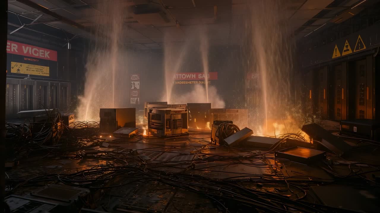 Sprinklers spraying smoldering cables, crates after flames in station maintenance room, with steam