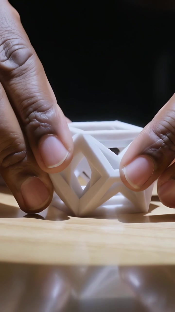 Vertical video: Approaching hands lifting white hollow shape on wood table, rotating and studying