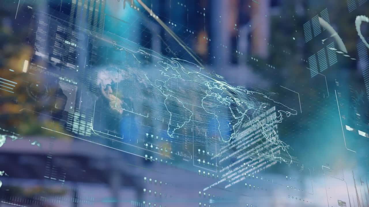 도시 풍경 위의 데이터 처리 애니메이션