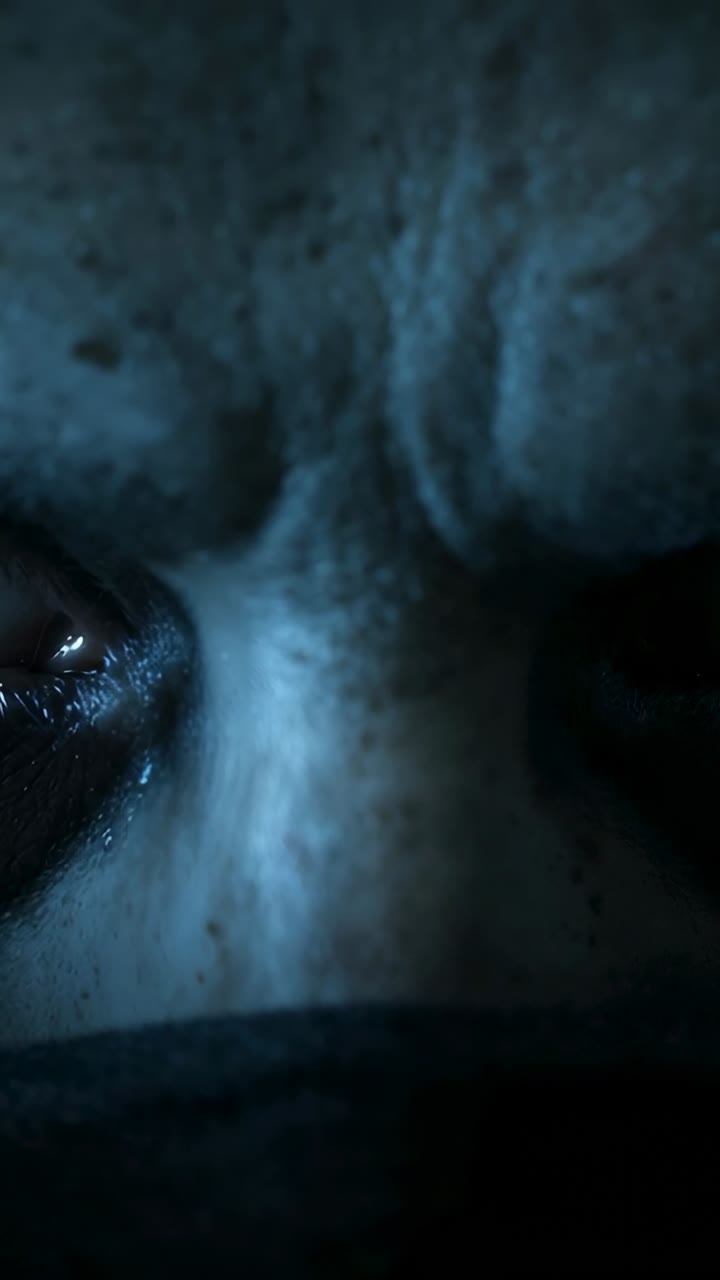 Vertical video: Opening closeup focusing on masked male furrowing brow in dim blue room, with mask