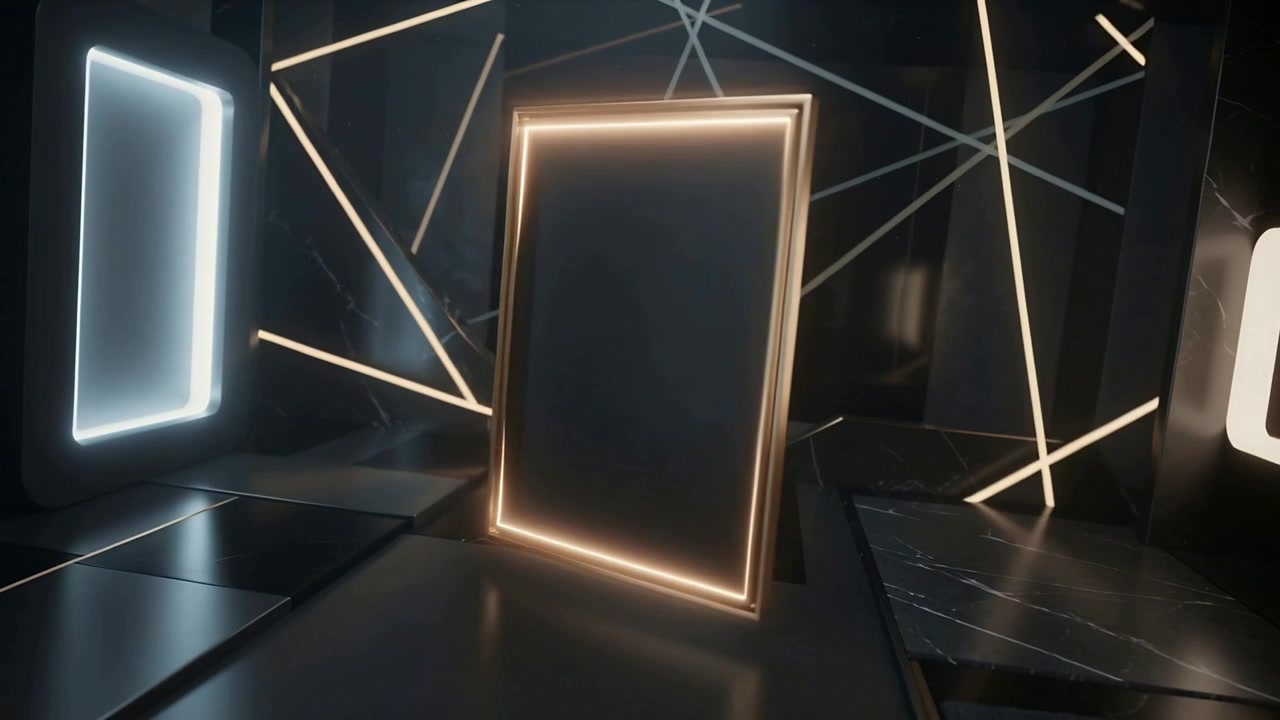 Brightening gold frame tilting, rotating on black floor with LED lights, showing moving highlights