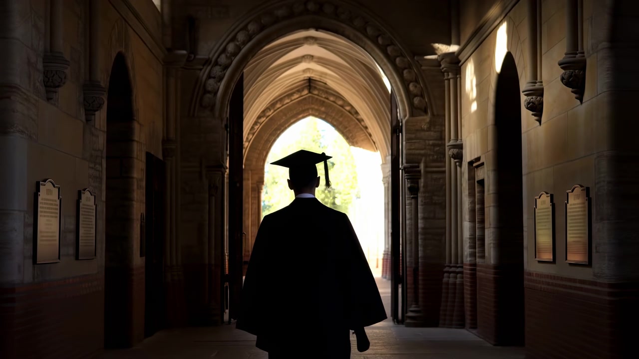 Silhouette di un laureato che cammina lentamente attraverso un arco, corridoio gotico retroilluminato di un'università, tocco e toga visibili.