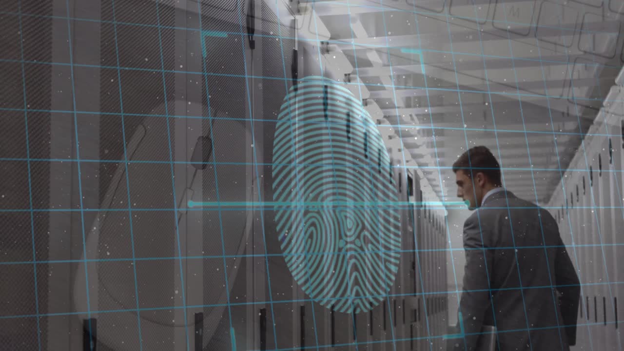Biometric fingerprint scanner and security padlock icon over caucasian male engineer in server room