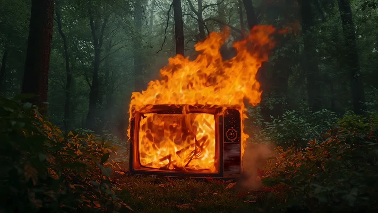 Smoke curling inside CRT television igniting bright orange flames spreading over mossy forest floor