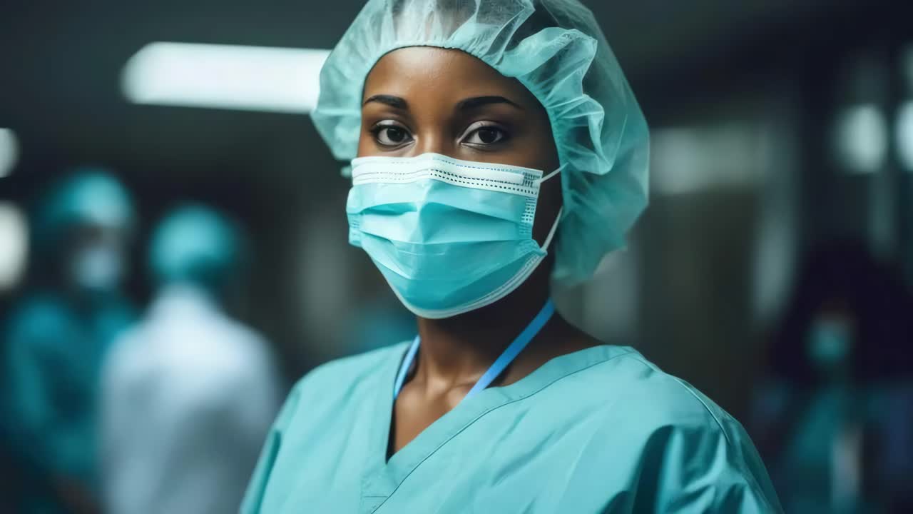 Close-up de um vídeo de uma enfermeira sorrindo, usando scrubs e touca, capturado ao nível dos olhos em um hospital