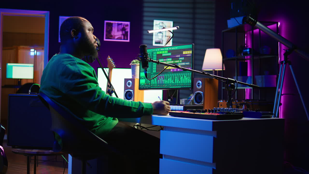 Skilled composer writing rhymes and lyrics to create new music in home studio