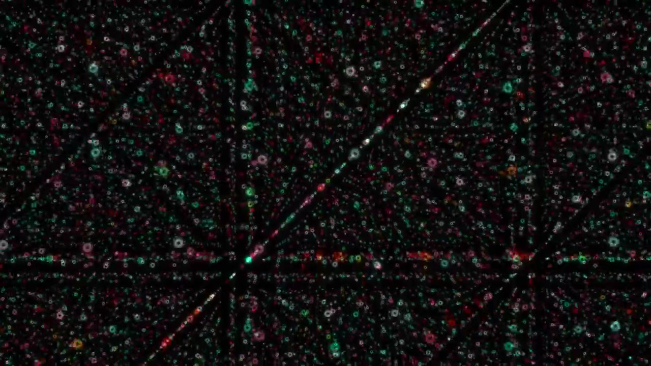 This artwork features a complex digital arrangement of colorful dots on a dark surface. The design creates a sense of depth with lines connecting multiple dots