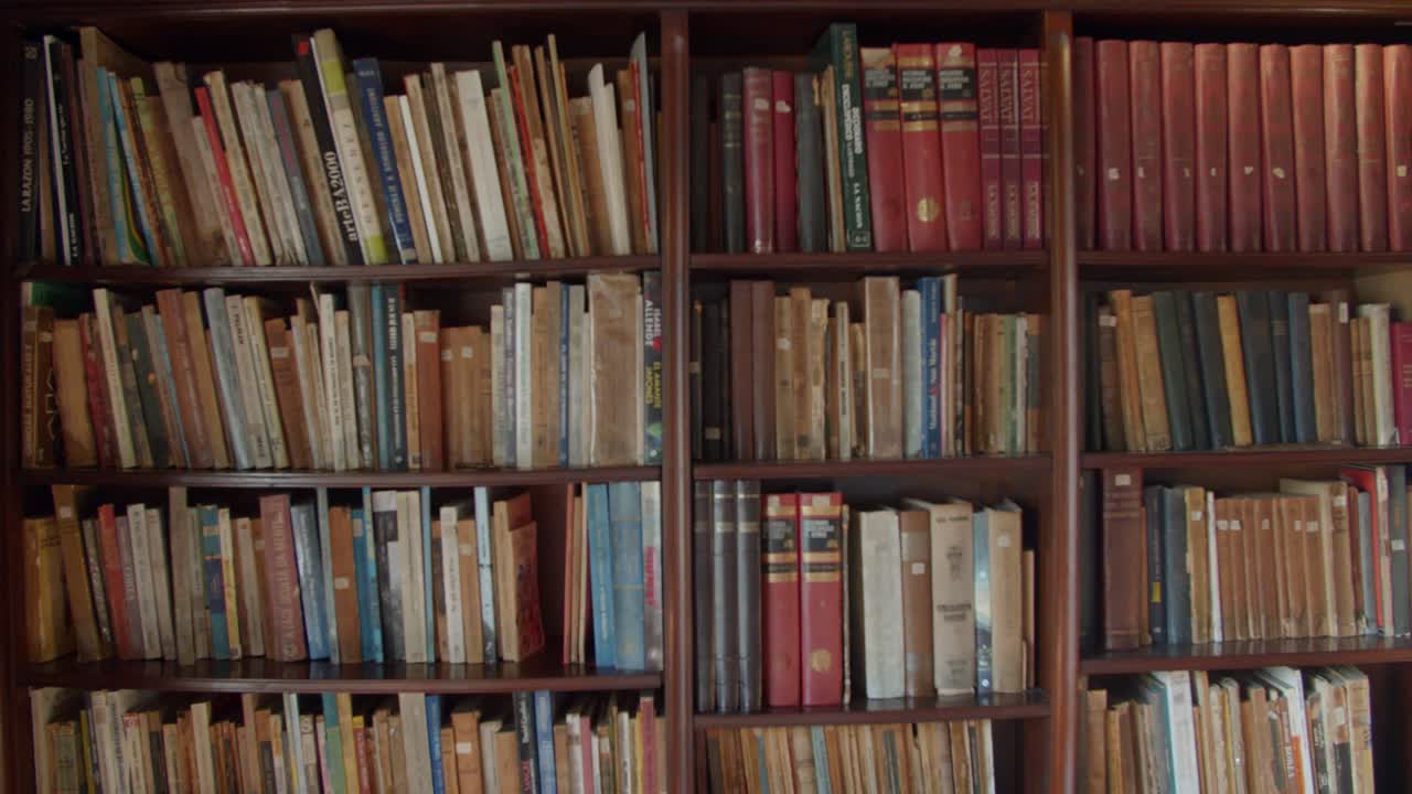 Old home library - Warm and dusty house vibes - Old books in spanish - 4k at 60fps (slowmotion)