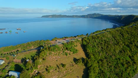 Aerial-Drone-Panning-Around-Bonding-Channel-Carratera,-Lemuy-Island,-Chile-Chiloe,-4K