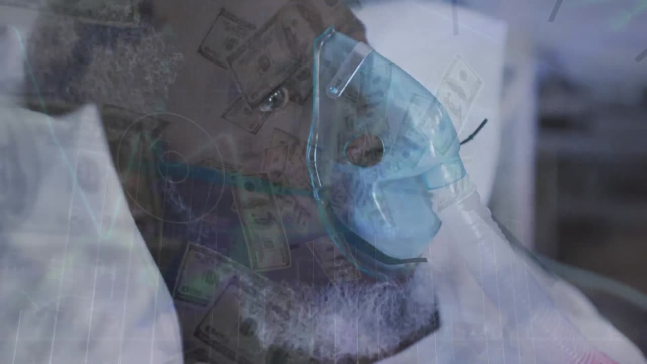 병원에서 산소 지원을 받는 아프리카계 미국인 남성에 대한 그래프와 달러 지폐의 애니메이션