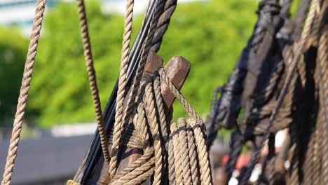 close up of wooden sailing ships rigging