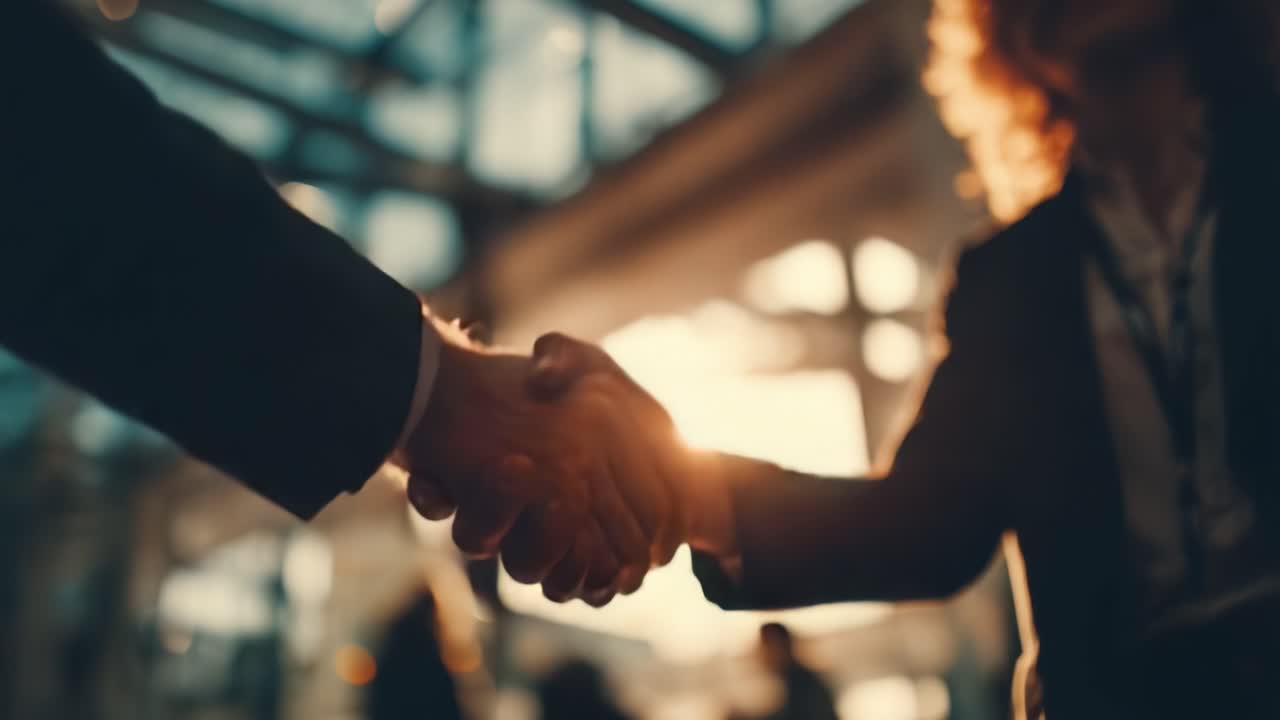 An Engaging Moment of Collaboration: Two Professionals Shaking Hands Under Warm Natural Light, Signifying Trust and New Opportunities in a Corporate Environment
