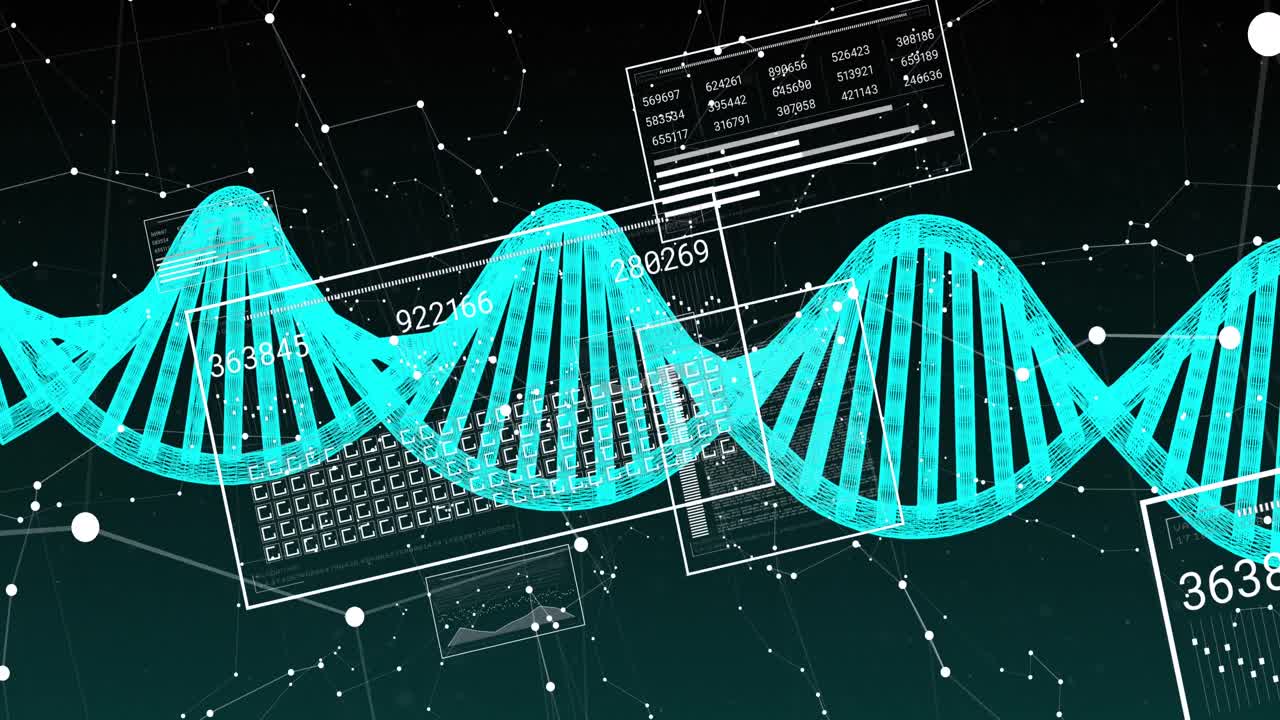 회전하는 dna 구조, 연결 네트워크 및 데이터 처리 인터페이스의 애니메이션
