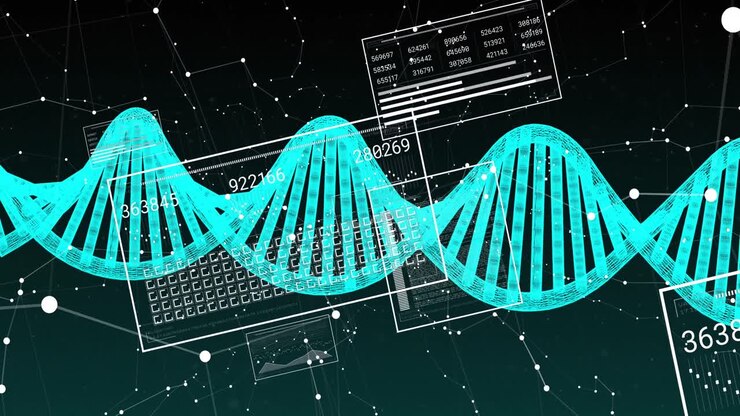Animation of spinning dna structure, network of connections and interface with data processing